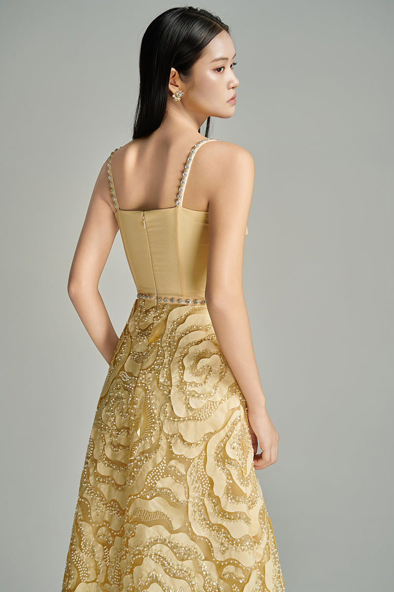 Beige CULT MIA X HAPPY CLOTHING flower wave A-line gown with elegant design, perfect for formal occasions.