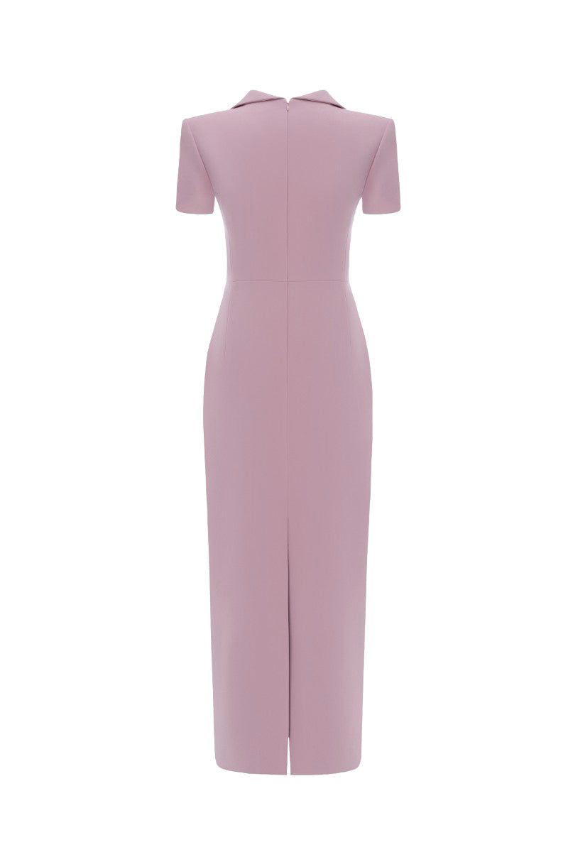 Pink Nimes midi dress by Lekieu, featuring a flowing fabric and elegant design, displayed on a model.