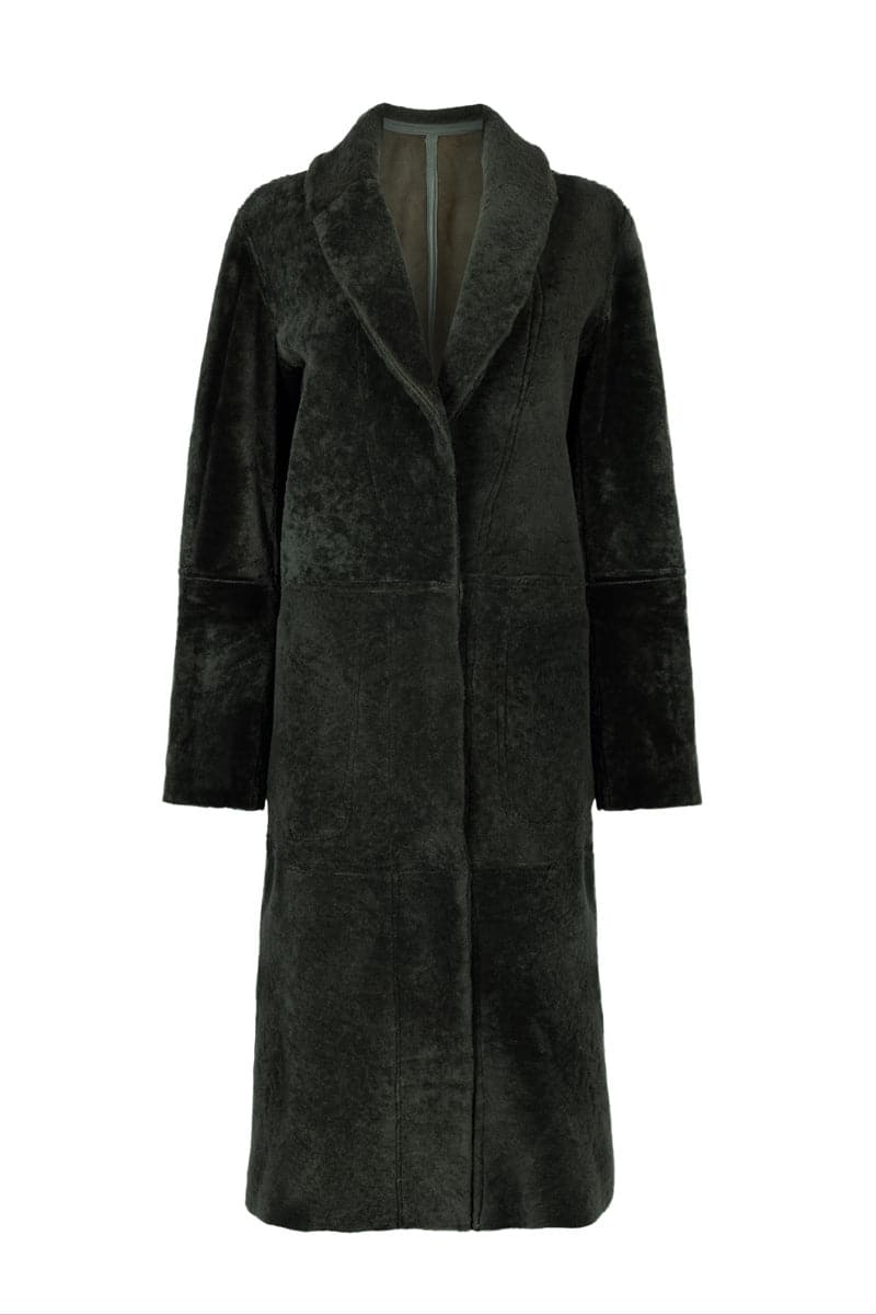 Verheyen Zina Biker Green Shearling Coat with lapels and zipper detail, stylish and warm for cold weather.
