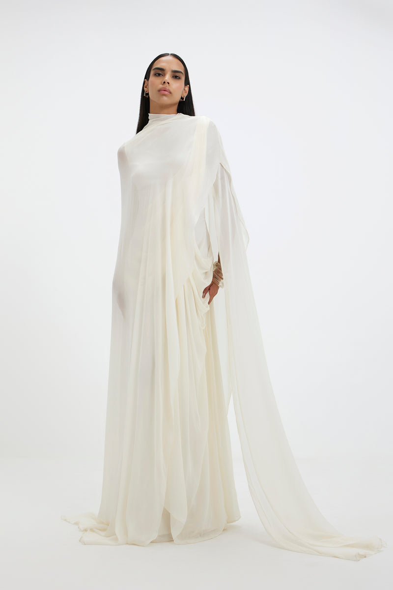 Deme By Gabriella Stacie gown in soft fabric, featuring elegant design with flowing silhouette and delicate details.