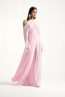 Deme By Gabriella Blossom Maxi Dress in Noa Pink, flowing floral dress with ruffled details and sleeveless design.