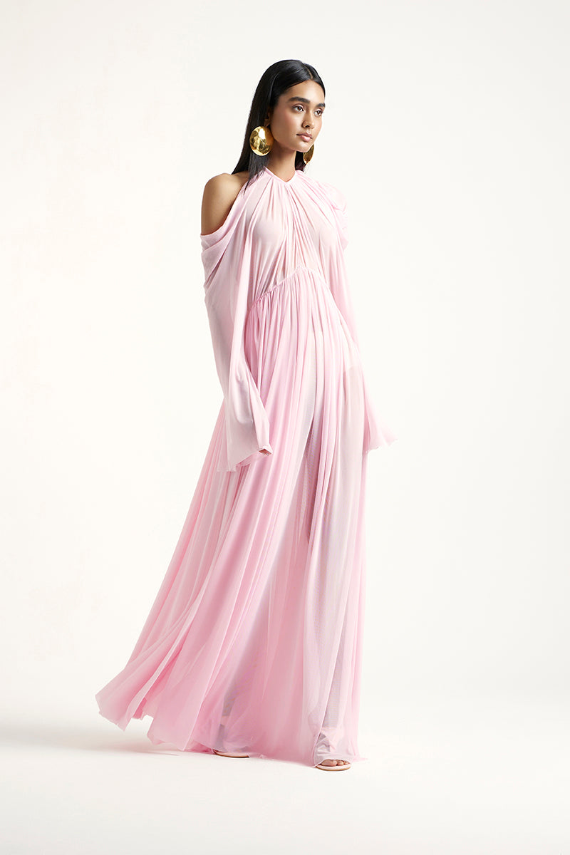 Deme By Gabriella Blossom Maxi Dress in Noa Pink, flowing floral dress with ruffled details and sleeveless design.