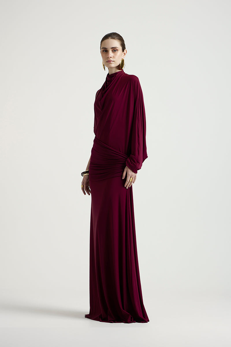 Deme By Gabriella Lorraine aubergine maxi dress with flowing fabric and elegant design, perfect for formal or casual occasions.