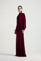 Deme By Gabriella Lorraine aubergine maxi dress with flowing fabric and elegant design, perfect for formal or semi-formal occasions.