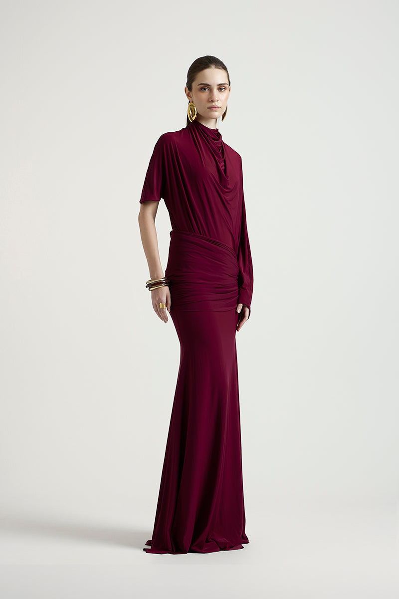 Deme By Gabriella Lorraine maxi dress in aubergine, flowing fabric, sleeveless design, and elegant fit ideal for formal occasions.