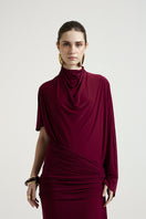 Deme By Gabriella Lorraine maxi dress in aubergine fabric, flowing silhouette, elegant design, perfect for formal occasions.