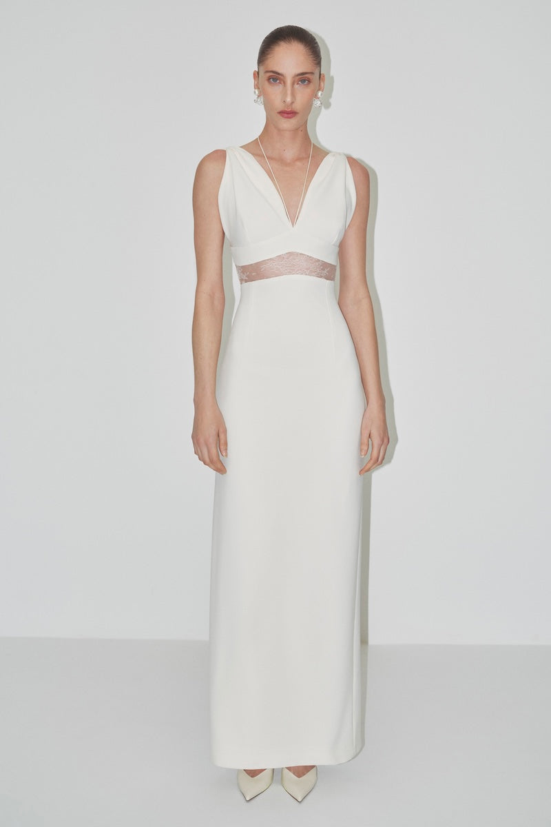 JC Pajares double crepe maxi dress with elegant Chantilly lace detail, perfect for bridal or formal occasions.