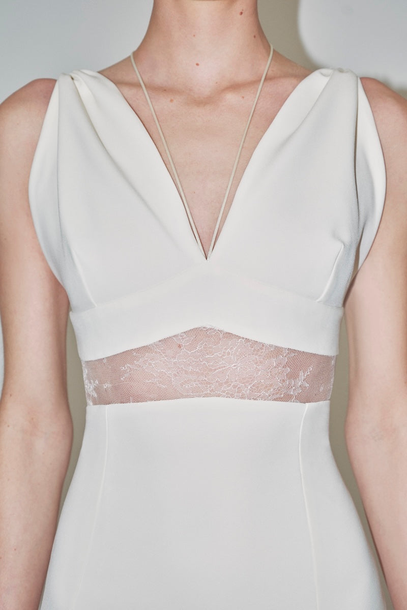 JC Pajares double crepe maxi dress with Chantilly lace detail, elegant bridal-inspired gown with flowing silhouette.
