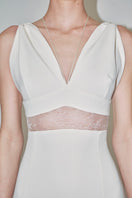 Elegant JC Pajares double crepe maxi dress with delicate Chantilly lace detail, perfect for bridal or formal occasions.