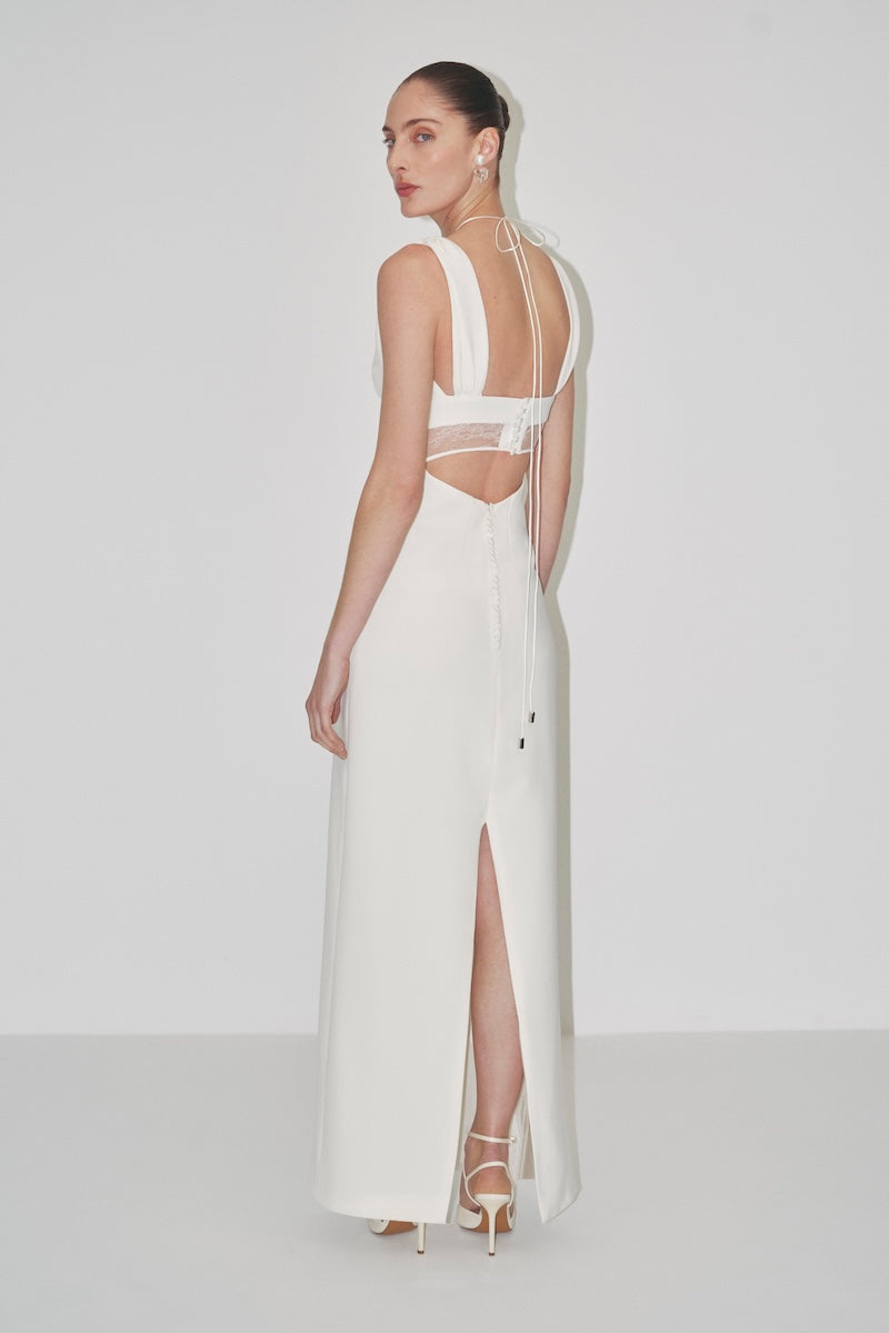 JC Pajares double crepe maxi dress with delicate Chantilly lace detail, elegant bridal look for special occasions.