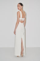 Elegant JC Pajares maxi dress with double crepe fabric and delicate chantilly lace detail, perfect for bridal or formal occasions.