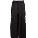 Black Kris Marán silky cargo pants with soldier-style pockets, featuring a relaxed fit and modern streetwear design.