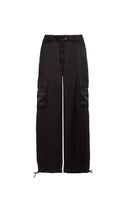 Black Kris Marán silky cargo pants with soldier-style pockets, featuring a relaxed fit and modern streetwear design.