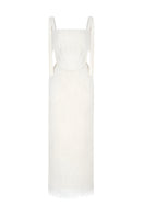 Elegant white Andrea gown by Montsand, flowing fabric with a fitted bodice and full skirt, perfect for formal occasions.