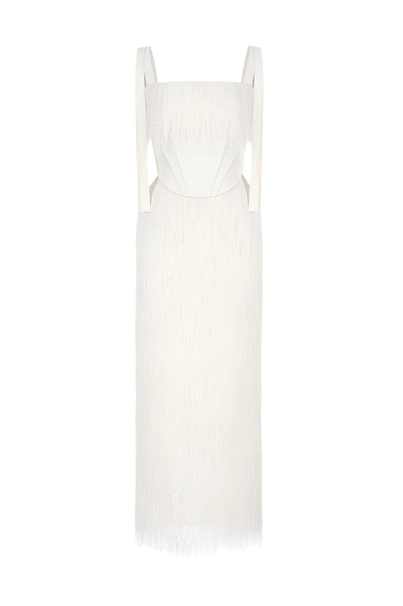 Elegant white Andrea gown by Montsand, flowing fabric with a fitted bodice and full skirt, perfect for formal occasions.