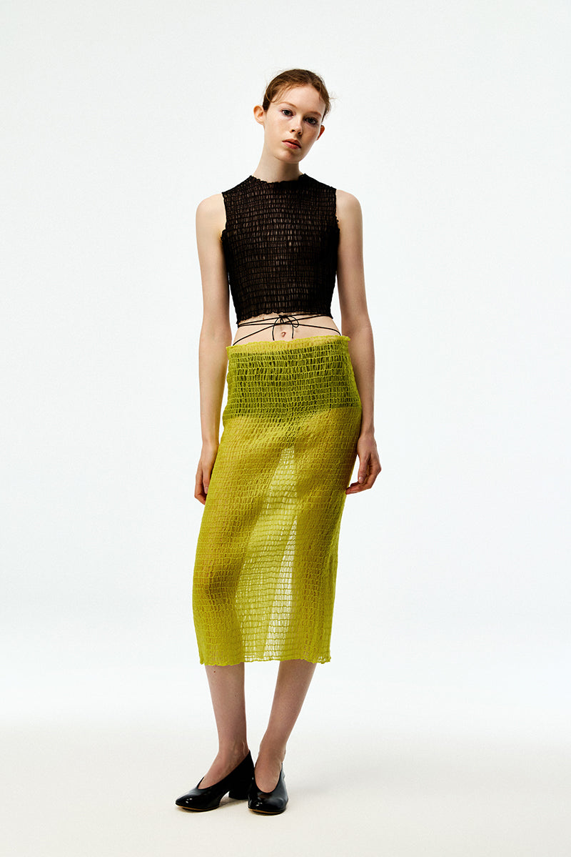 Chictopia organza midi skirt in chartreuse with a flowy, layered design and lightweight sheer fabric.