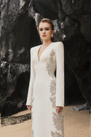 Elegant Tracy Studio V-neck symmetric gown with crystal embellishments, featuring a fitted silhouette and stylish side detailing.