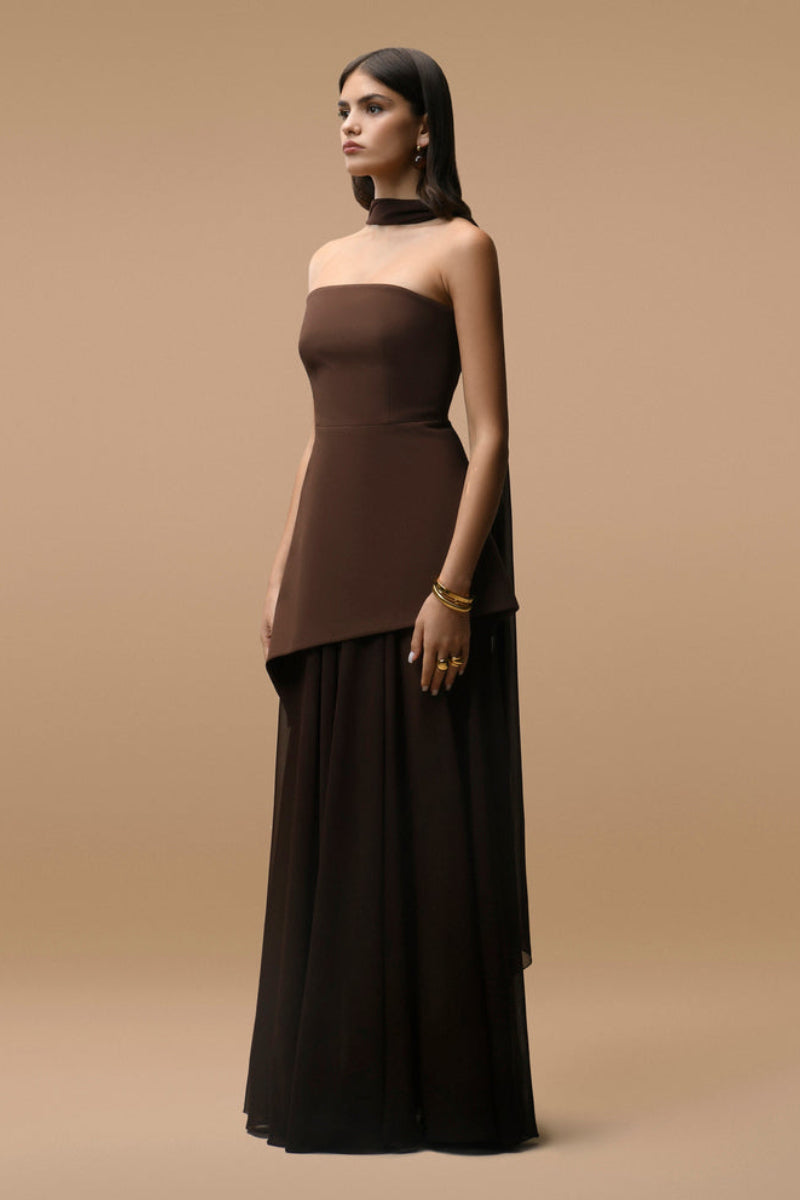 Matters Monaco brown gown with matching scarf, elegant long dress with flowing fabric and stylish design, perfect for formal occasions.