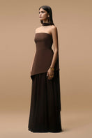 Matters Monaco brown gown with matching scarf, elegant long dress with flowing fabric and stylish design, perfect for formal occasions.