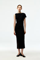 Elegant black crepe maxi dress by Chictopia, flowing fabric with a fitted waist and sleeveless design, perfect for formal occasions.