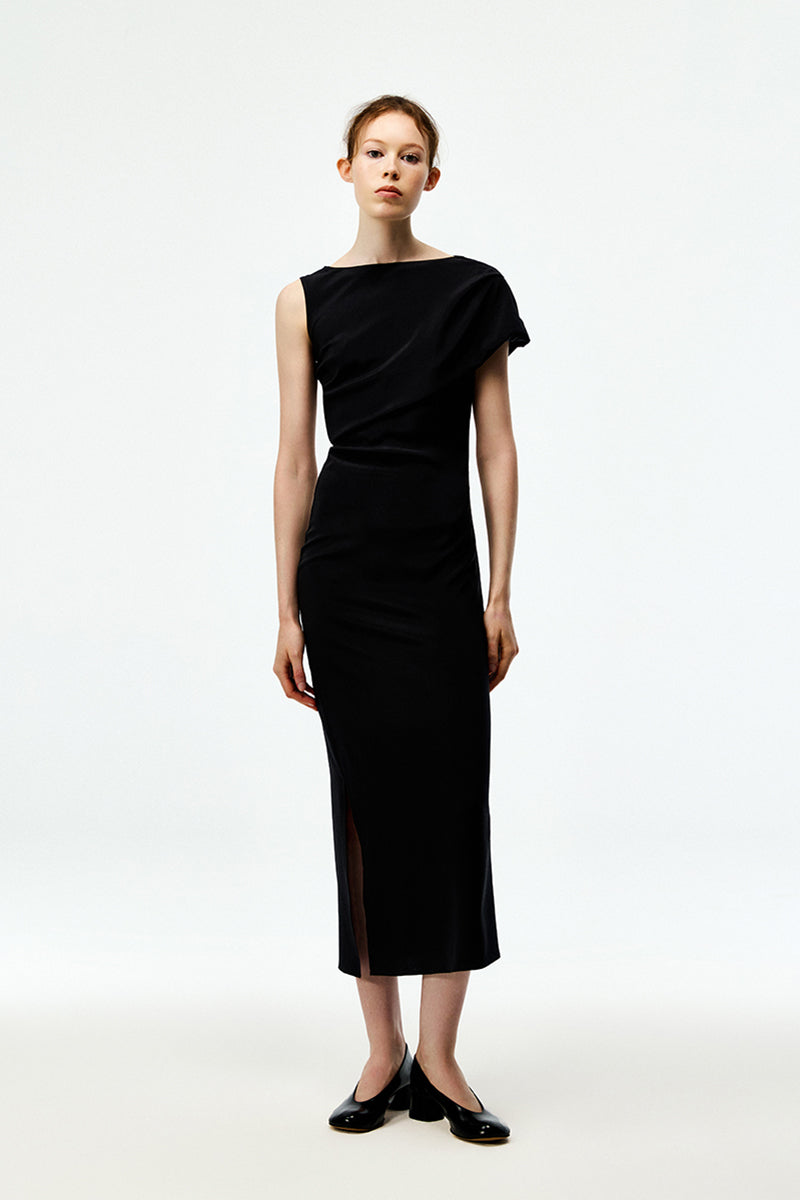 Elegant black crepe maxi dress by Chictopia, flowing fabric with a fitted waist and sleeveless design, perfect for formal occasions.