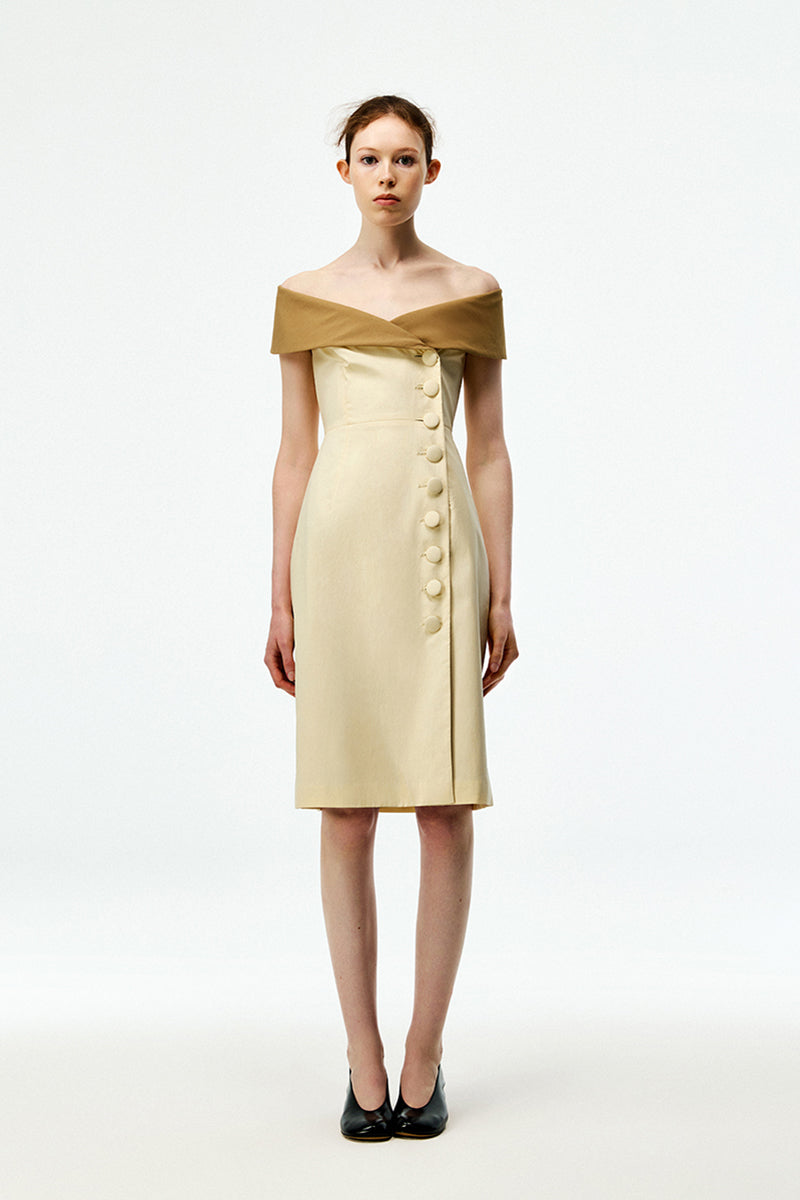 Beige and caramel cotton midi dress by Chictopia, featuring a flowing fabric and elegant design.