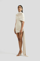 Deme By Gabriella ivory collete mini dress with fitted silhouette, sleeveless design, and delicate fabric details.
