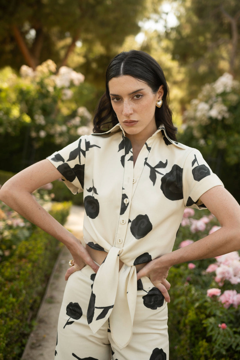 Black Rosetta blouse by Estefania, stylish tops featuring a fitted design with elegant details, perfect for casual or formal wear.