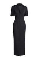 Keira Tong zipper peplum maxi dress featuring a fitted bodice, peplum waist, and flowing skirt in a stylish design.