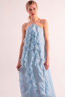 Sky blue AQUA dress by OVERTHESEA, a flowing maxi dress with a fitted bodice and elegant design, perfect for warm weather.