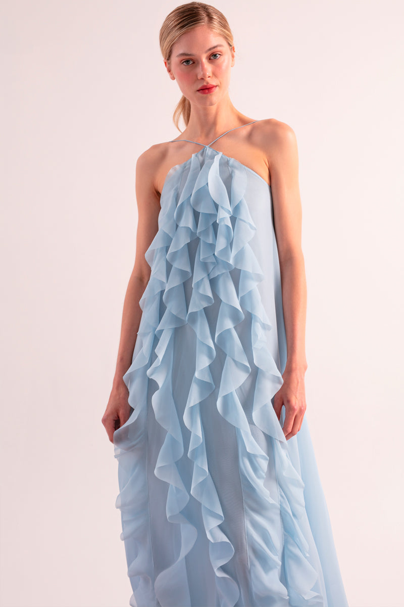 Sky blue AQUA dress by OVERTHESEA, a flowing maxi dress with a fitted bodice and elegant design, perfect for warm weather.