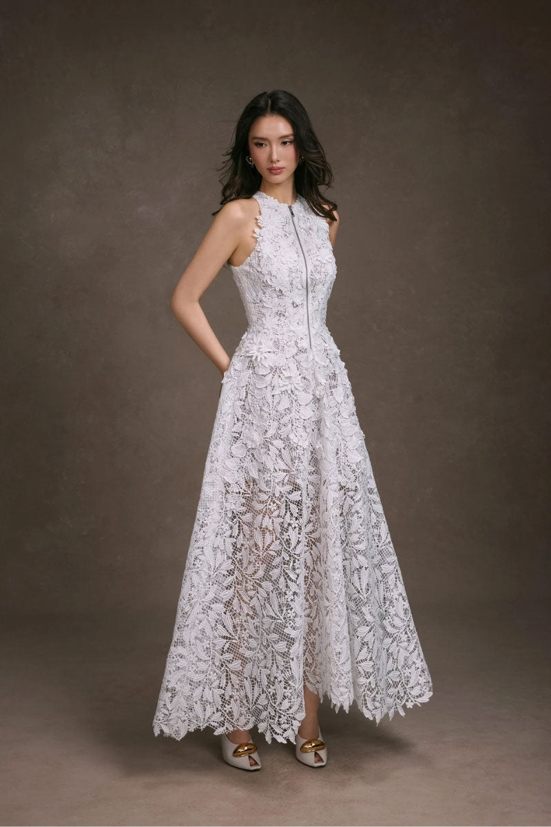 Keira Tong floral lace maxi dress with intricate lace details and a flowing silhouette, perfect for elegant occasions.