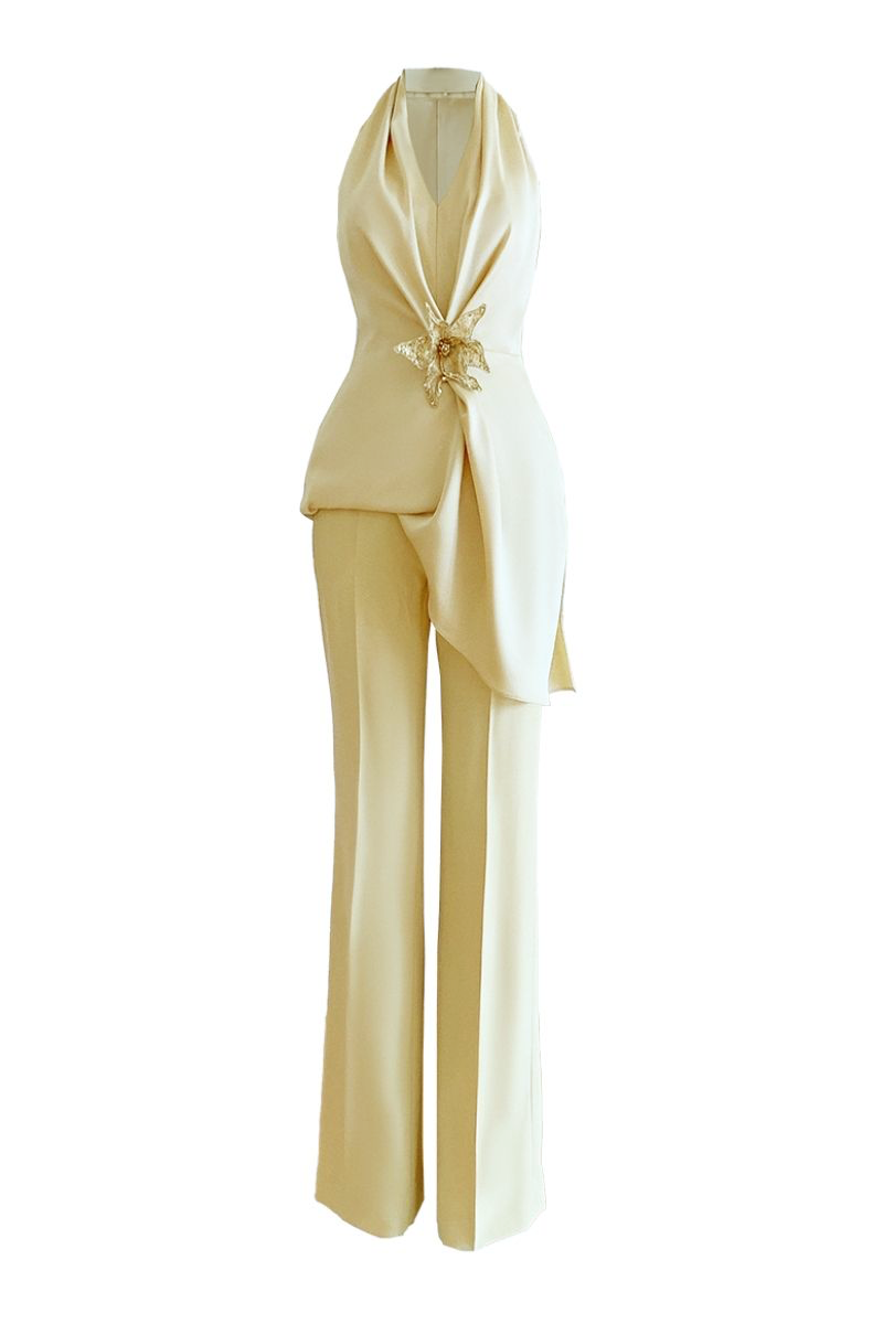 YELLOW HANDMADE FLOWER TOP AND PANTS SET - CULT MIA