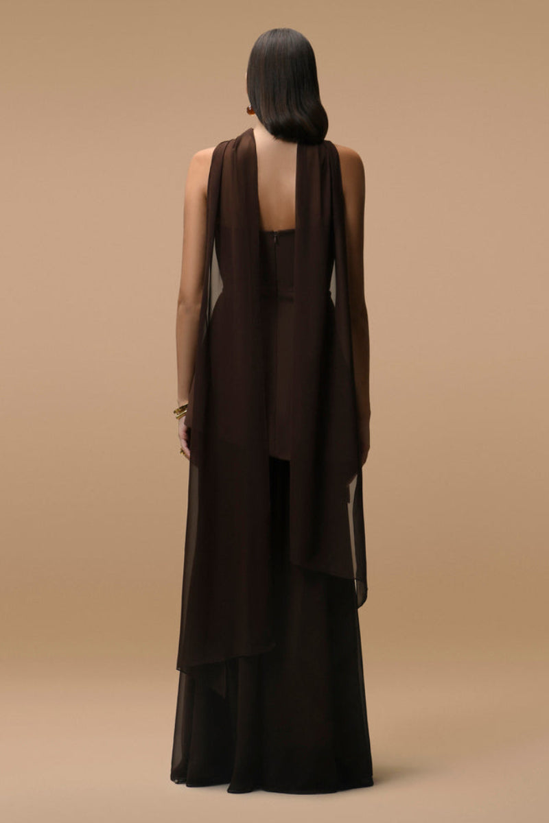 Matters Monaco brown gown with matching scarf, elegant long dress with flowing fabric and stylish design.