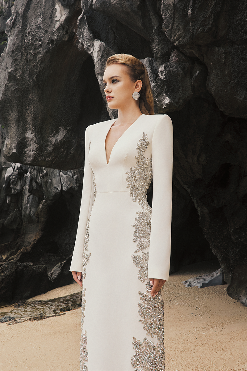 V-NECK SYMMETRIC SIDED CRYSTAL EMBELLISHED DRESS - CULT MIA