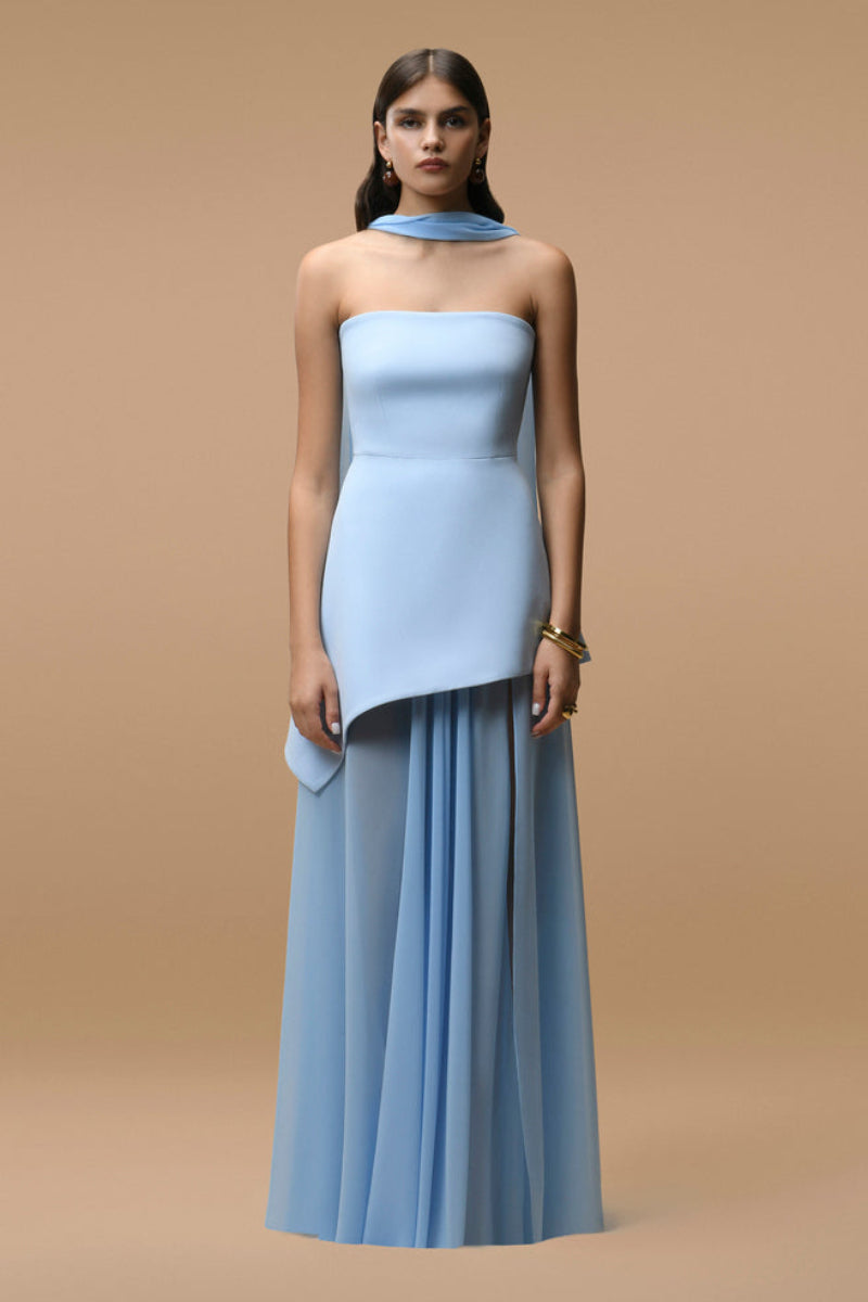 Matters Monaco sky blue gown with matching scarf, elegant formal dress with flowing fabric and stylish design.