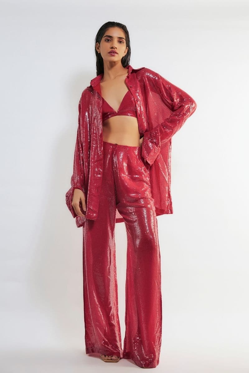Deme By Gabriella Tracy red sequin co-ord set with matching top and pants, shiny and stylish for festive occasions.