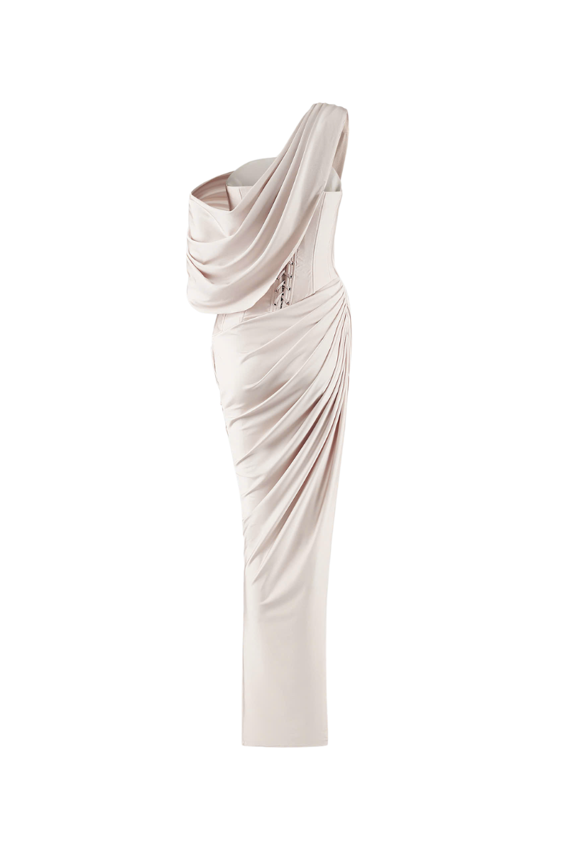 CEM Cream Asymmetric Sleeved Floor Length Gown | Cult Mia CEM Cream Asymmetric Sleeved Floor Length Gown | Cult Mia