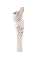 Cream asymmetrical sleeved floor-length gown by CEM, elegant evening dress with flowing fabric and unique sleeve design.