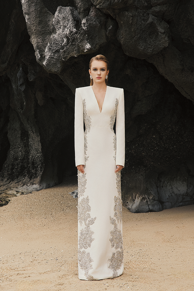 V-NECK SYMMETRIC SIDED CRYSTAL EMBELLISHED DRESS - CULT MIA