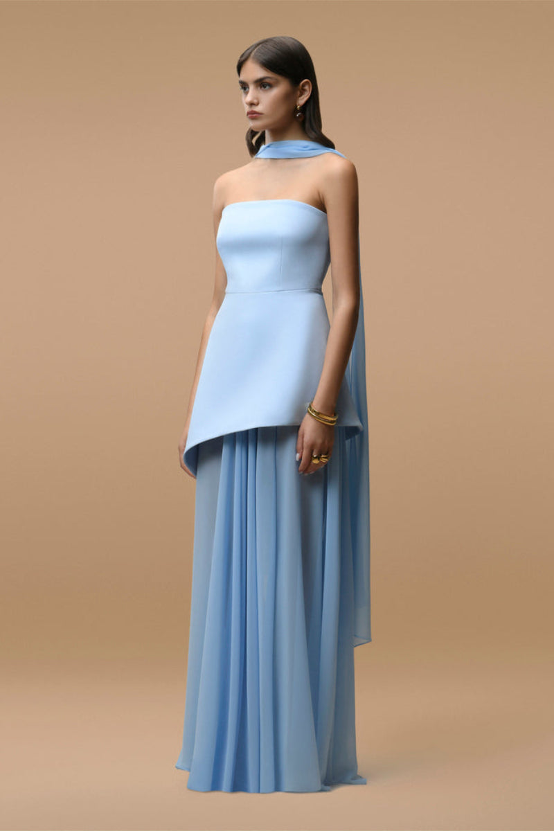 Matters Monaco sky blue gown with matching scarf, elegant long dress with flowing fabric and stylish design.