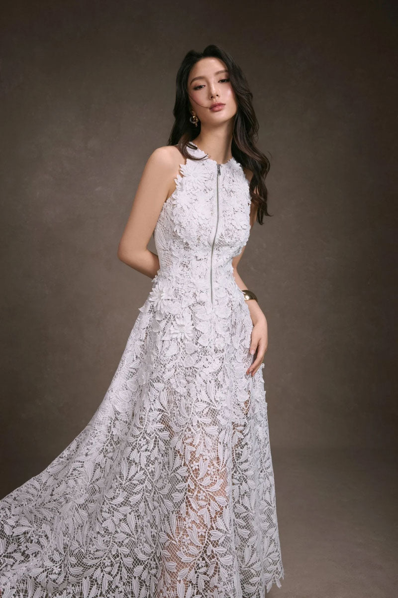 Floral lace maxi dress by KEIRA TONG featuring intricate lace details and a flowing silhouette, perfect for elegant occasions.