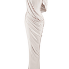 Cream asymmetric sleeved floor-length gown by CEM, featuring elegant design and flowing fabric, perfect for formal occasions.