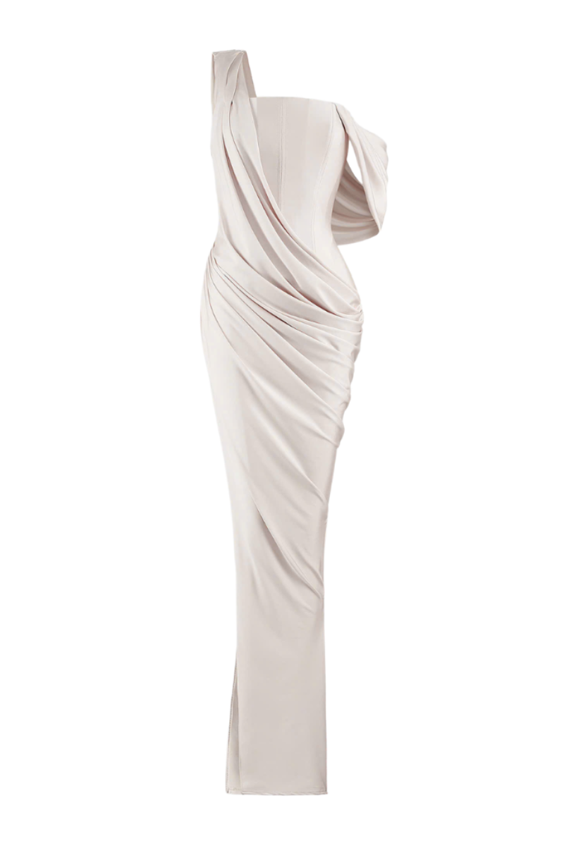 CEM CREAM ASYMMETRIC SLEEVED FLOOR LENGTH GOWN | Cult Mia CEM CREAM ASYMMETRIC SLEEVED FLOOR LENGTH GOWN | Cult Mia