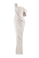 Cream asymmetric sleeved floor-length gown by CEM, featuring elegant design and flowing fabric, perfect for formal occasions.