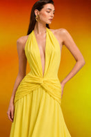 CEM Luxe Twist Mini gown in silky fabric, featuring a twisted neckline and elegant drape, perfect for stylish evening wear.