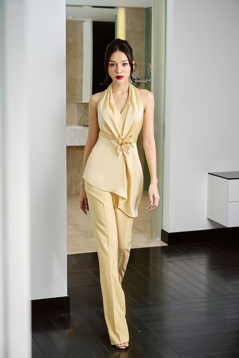 YELLOW HANDMADE FLOWER TOP AND PANTS SET - CULT MIA