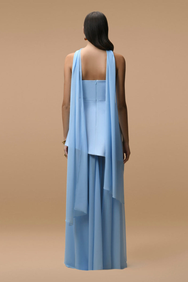 Matters Monaco sky blue gown with matching scarf, elegant floor-length dress featuring flowing fabric and stylish design.