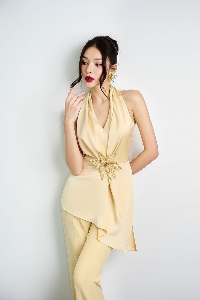 YELLOW HANDMADE FLOWER TOP AND PANTS SET - CULT MIA