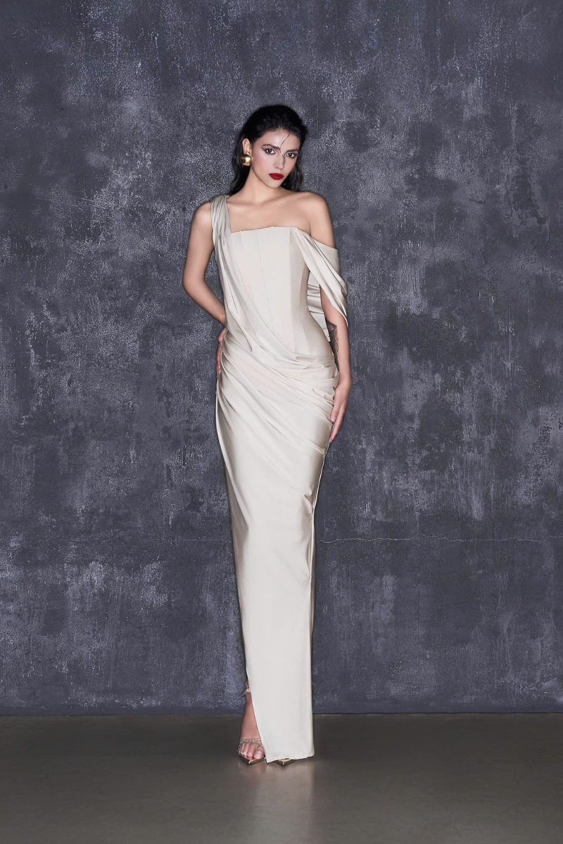 CEM CREAM ASYMMETRIC SLEEVED FLOOR LENGTH GOWN | Cult Mia CEM CREAM ASYMMETRIC SLEEVED FLOOR LENGTH GOWN | Cult Mia